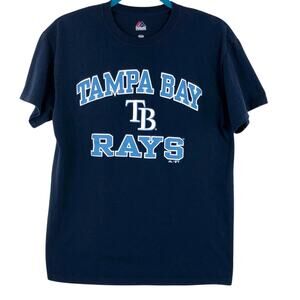 Men’s Majestic Navy Tampa Bay Rays T Shirt Light Blue Logo on Front Crew Neck